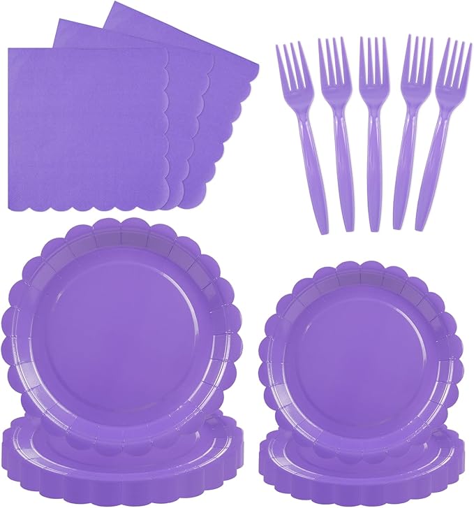 96PCS Lavender Paper Plates and Napkins, 24 Guest Light Purple Disposable Tableware Set Include Scalloped Paper Plates Napkins and Forks Decoration Party Supplies for Birthday Wedding Baby Shower
