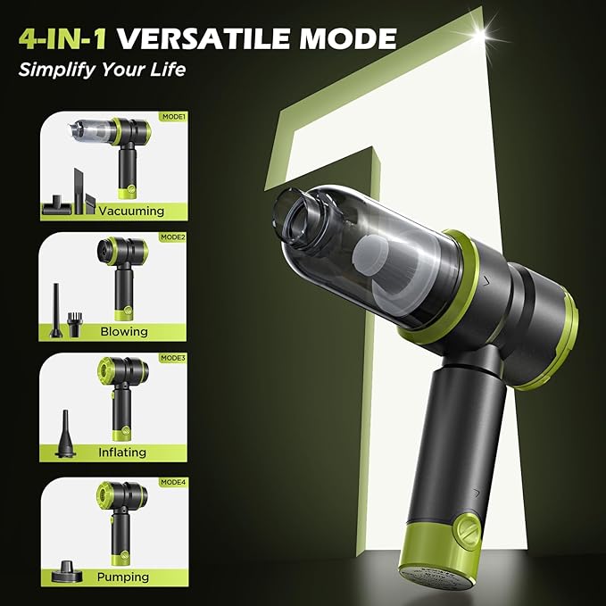 Handheld Car Vacuum with 15000PA Power, 4 in 1 Small Powerful Cordless Vacuum Cleaner & Air Duster with 2000mAh Battery, Rechargeable Portable Mini Hand Held Vacuum for Car,Home,Office,Pet Hair（Green）