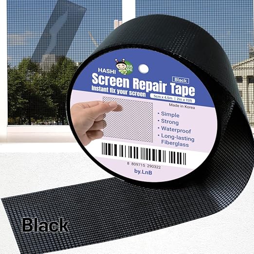 HA SHI Screen Repair Kit for Windows or Doors (2" x 15FT, Black) 3-Layer Strong Adhesive Tape, Made in Korea, Ease-Installation Fiberglass Covering Mesh