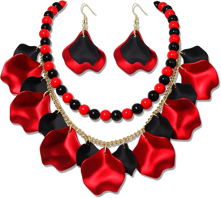 Flower Petal Necklace Earrings Set Layered Statement Beaded Jewelry Set for Women Summer Necklace Earrings