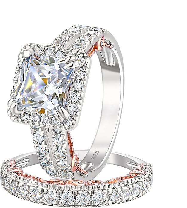 Wuziwen Princess Cut Engagement Rings for Women Sterling Silver Cubic Zirconia Wedding Bridal Ring Set