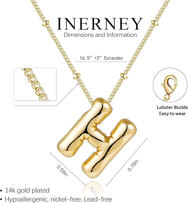 Inerney Valentines Day Gifts Gold Bubble Letter Necklace Initial Necklaces for Women, Chunky 14K Plated Balloon Initials, Trendy Charm Non Tarnish Custom Name Pendant Jewelry Gifts for Mom