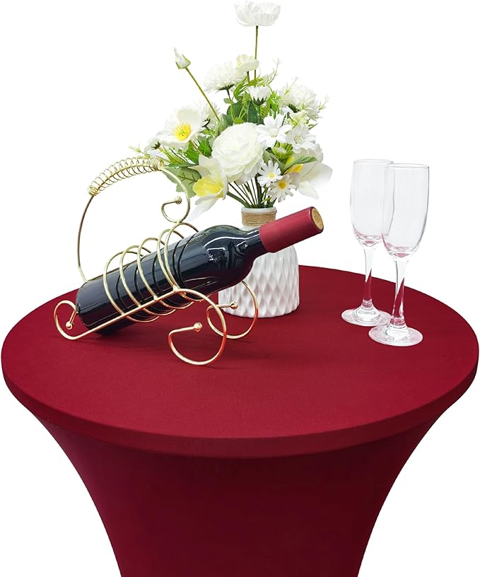 2PCS 24x43 Inch Round Fitted Cocktail Table Cover Burgundy Spandex Cocktail Table Cloth Highboy Fitted Tablecloth High Top Table Cloths for Party Pub Banquet Bistro