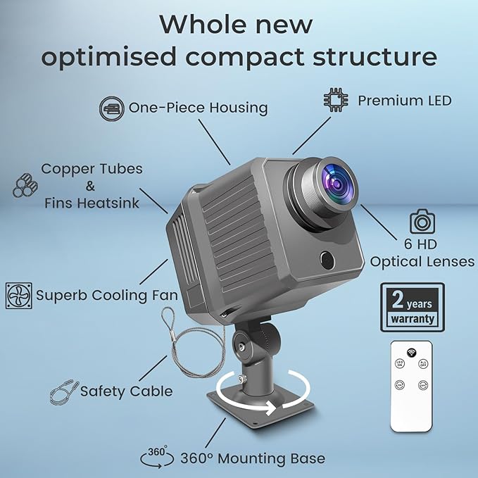200W Logo GOBO Projector for Business, Rotational Super Bright Projection with Remote Control and Glass Lens, Triple Cooling System, IP65 Waterproof for Safe Indoor and Outdoor Use