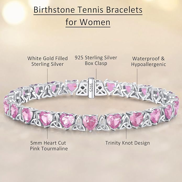 Birthstone Tennis Bracelets for Women, 925 Sterling Silver Heart Shaped Celtic Trinity Knot, 7 Inch Charm Trendy Hypoallergenic Anniversary Birthday Gifts for Her