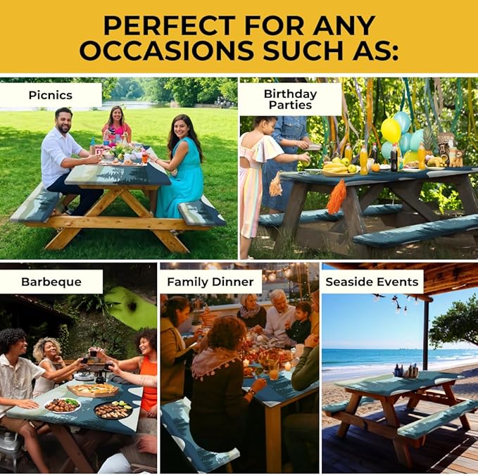 RNOONY 6ft Polyester Picnic Table Cover with Bench Covers Windproof & Waterproof Tablecloth, Perfect for Camping Gifts & RV Essentials, Cool Camping Gadgets, with Carrying Bag, 72x30 Inches, 4Pcs,Blue