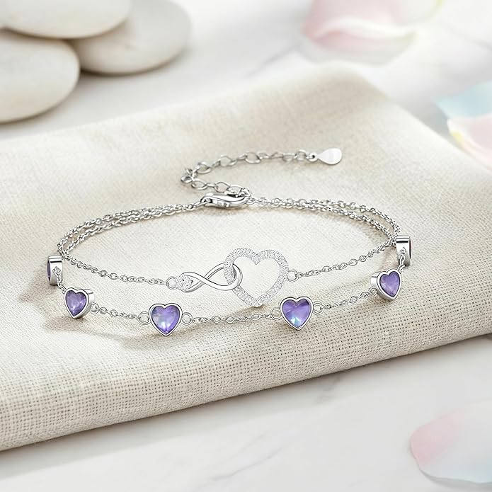 Prismata Infinity Birthstone Charm Link Bracelet 925 Sterling Silver Adjustable 12 Months Birthstone Infinity Bracelet Birthday Jewelry Gifts for Women Mom Her,with 7"+2" chain