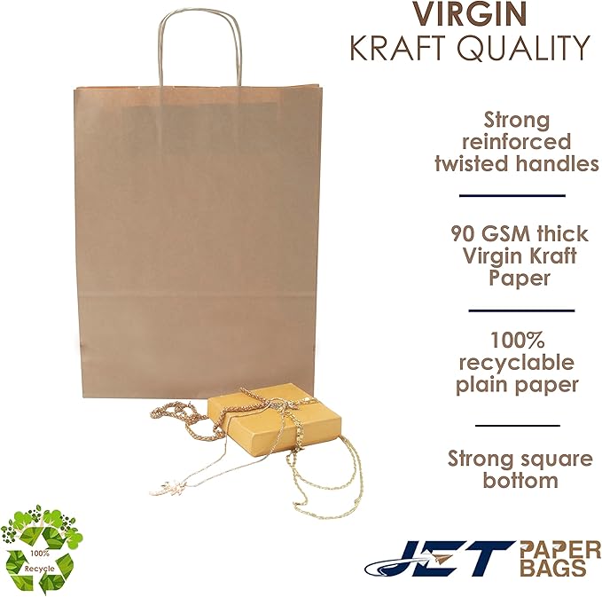 JET PAPER BAGS - 10”x5”x13” Inch [25 Pcs] Brown Paper Bags with Handles Prime for Takeout, Grocery, Goody, Retail, Party, Gifts, Weddings - Recyclable Kraft Paper Gift Bags with Handles