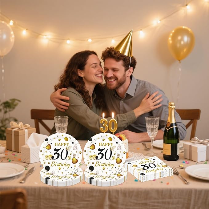 75PCS 30th Birthday Plates and Napkins Party Decorations, 7 Inch White and Gold Happy 30th Birthday Paper Dessert Cake Plates and Napkins Set Disposable Tableware Party Favors for Women Men