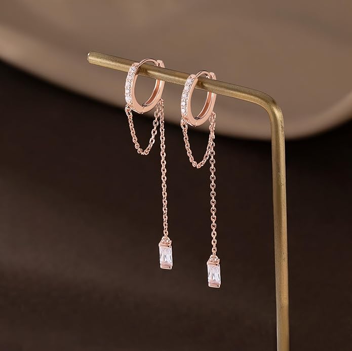 Reffeer 925 Sterling Silver CZ Chain Hoop Earrings Dangle for Women Teens Dangle Earrings Chain Drop Earrings Huggie