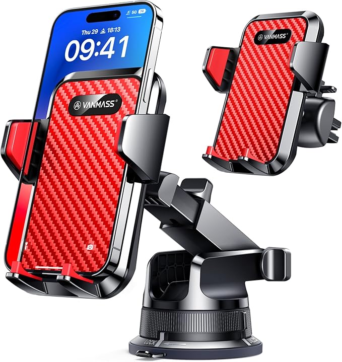 VANMASS [2024 Upgrade Phone Holders for Your Car [Super Suction Cup] Cell Phone Mount Car Dashboard Window Vent Desk Fit for iPhone 15 Pro Max 14 13 Universal Handsfree Automobile Vehicle Cradle，Red