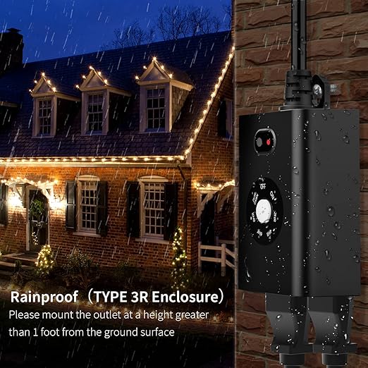 Minoston Outdoor Timer Outlet Waterproof 2 Pack, Dusk to Dawn Photocell Light Sensor Socket, 2/4/6/8 Hours Cutdown Timer, 2 Grounded Outlets for Christmas and Hallowen Deceration, Black(MP40T)