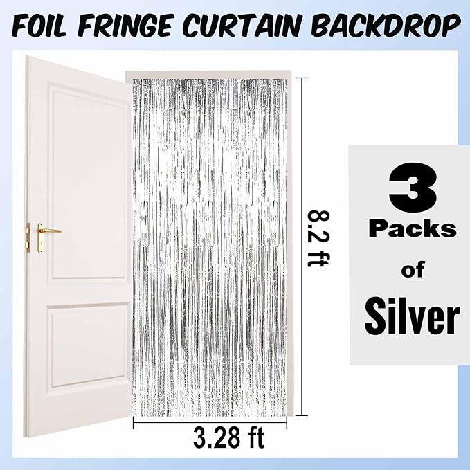 3 Pack Silver Foil Fringe Curtains Backdrop, 3.28 x 8.2 Ft Metallic Streamers Tinsel Curtains Background for Photo Booth, Birthday, Halloween, Christmas, Thanksgiving, New Year Party Decorations