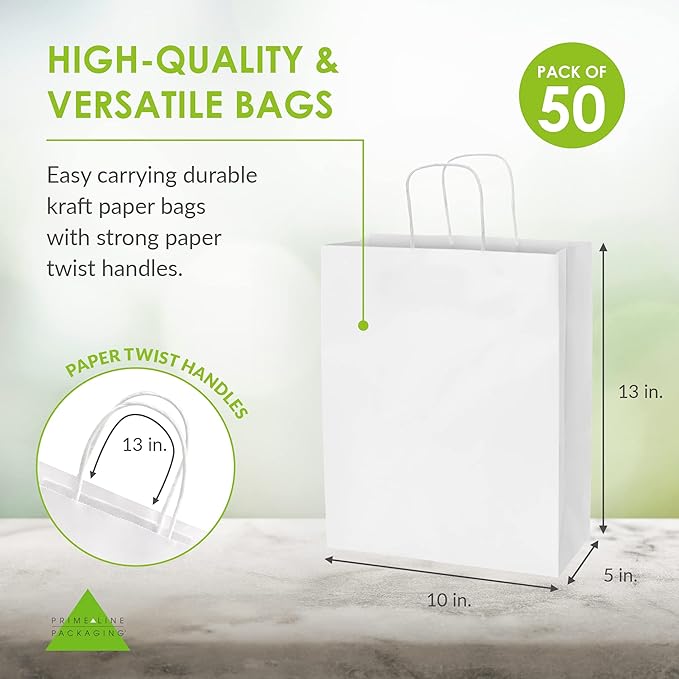 Prime Line Packaging White Gift Bags, Kraft Gift Bags Medium with Handles, Shopping Bags, Small Business, Boutiques, Merchandise, Party Favors, Bulk, 10x5x13, 50 Pack