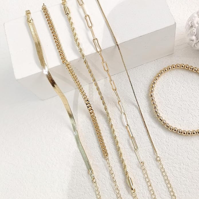 Gold Bracelets for Women 18k Gold Plated Bracelet Stack Bangle Cuff Bracelet Set for Women Non Tarnish Beaded/Paperclip/Cuban Link Chain Bracelets Jewelry for Women Trendy