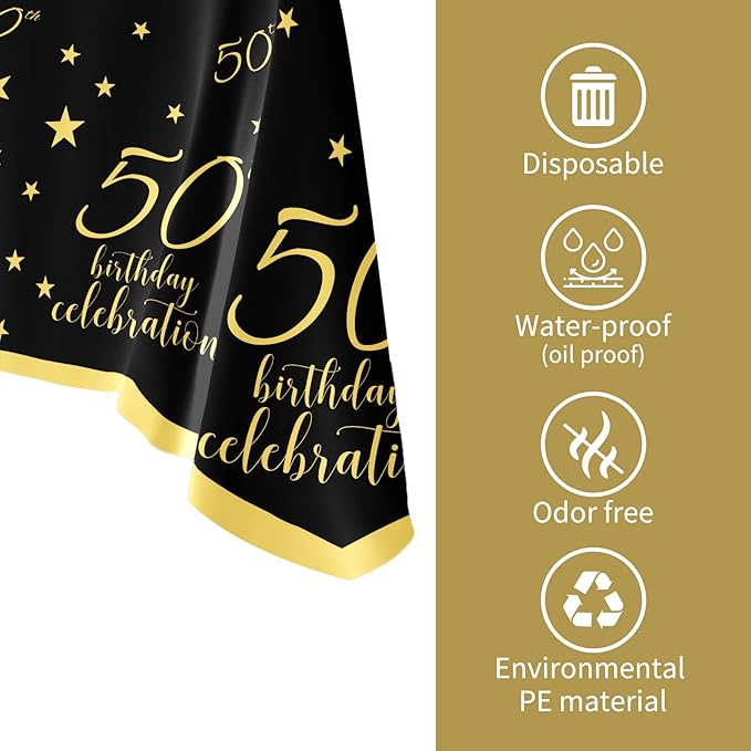 Gatherfun 50th Birthday Disposable Tablecloth 4 Pack Gold and Black Waterproof Plastic Table Cover for Men Woman 50 Birthday Party Decorations