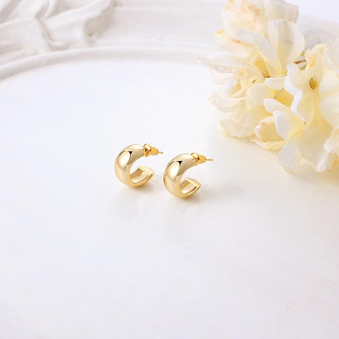 Gamicy Small 14K Gold Plated Hoop Earrings for Women with 925 Stering Silver Post, 14K Real Gold Plated Chunky Lightweight Hoops Earrings