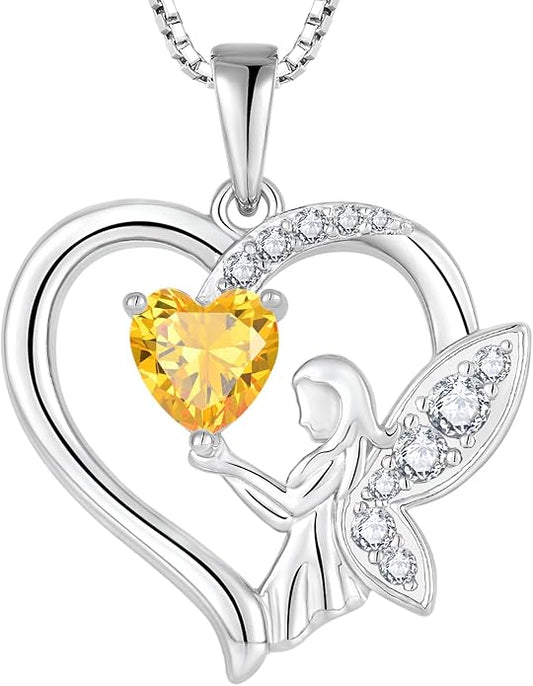 Guardian Angel Necklace 925 Sterling Silver Heart Angel Wings Pendant Birthstone Jewelry for Women