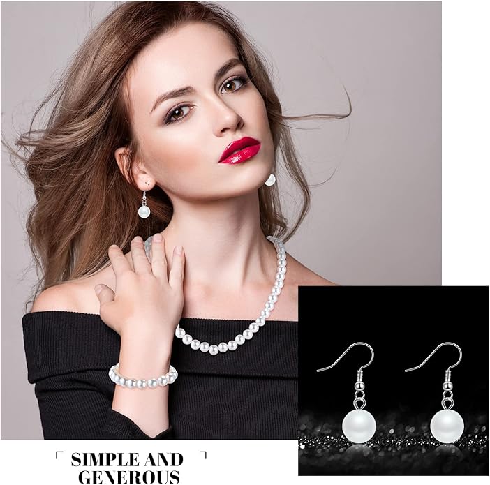Laumoi Set of 12 Faux Pearl Jewelry 10 mm Round Shell Pearl Big Simulated Pearl Necklace Bracelet Earrings Stunning Bracelet Dangle Earrings Pearl Statement Jewelry Gift for Women, 12 Colors