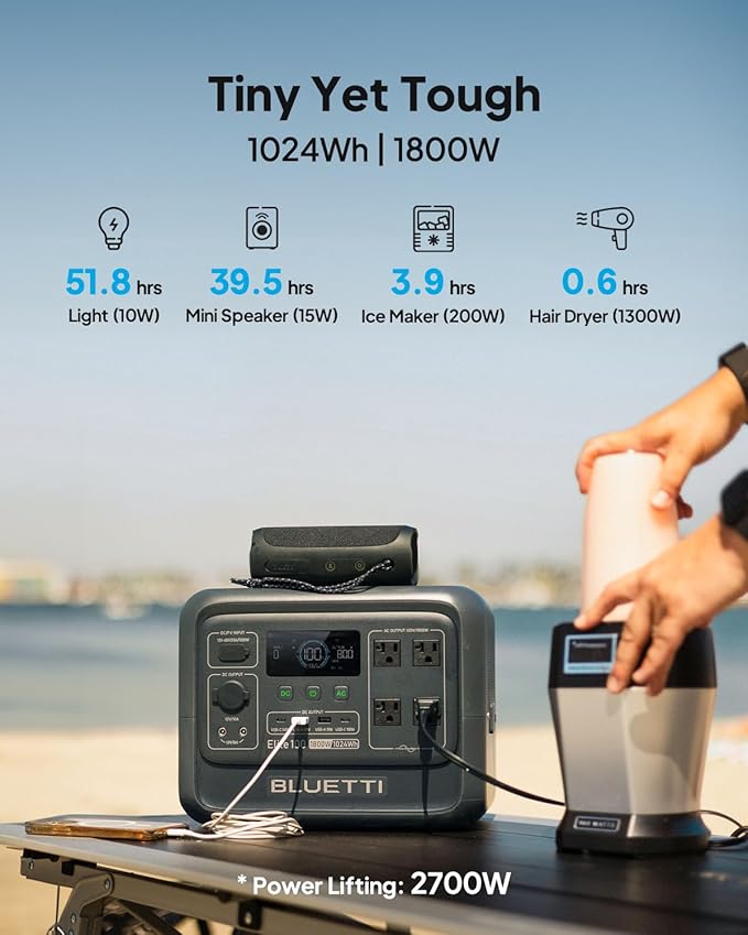 BLUETTI Elite 100 V2 Solar Generator with 100W Solar Panel (Ships Separately), 1024Wh Portable Power Station w/ 4 1800W AC Outlets, 35% Smaller, Ideal for Camping, Emergencies, Backup Power (2025 New)