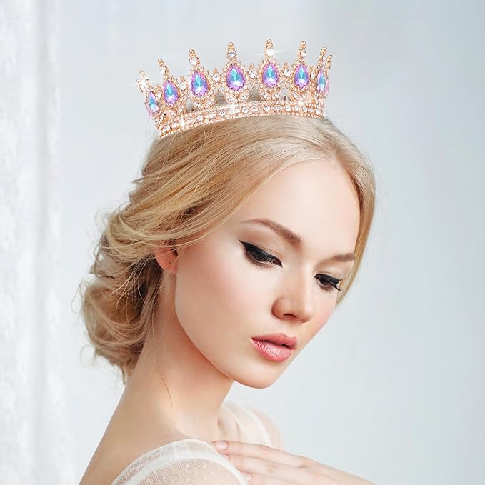Queen Crown Rhinestone Wedding Crowns and Tiaras for Women Costume Party Hair Accessories Princess Birthday Crown Crystal Bridal Crown (Rose Gold & Violet Crown)