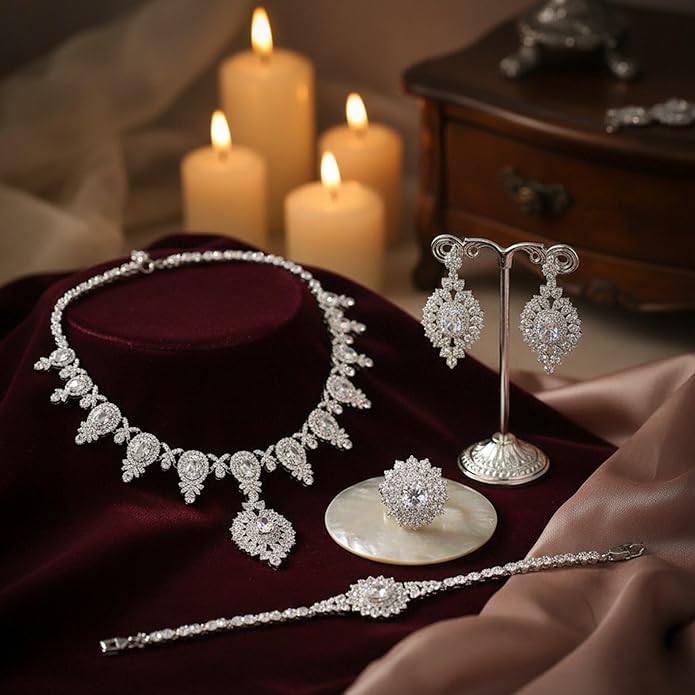 Rhinestone Wedding Bridal Jewelry Set Women's Prom-Style Necklace, Earrings, Bracelet, Ring Bridesmaid Gift Pairs with Evening Gown