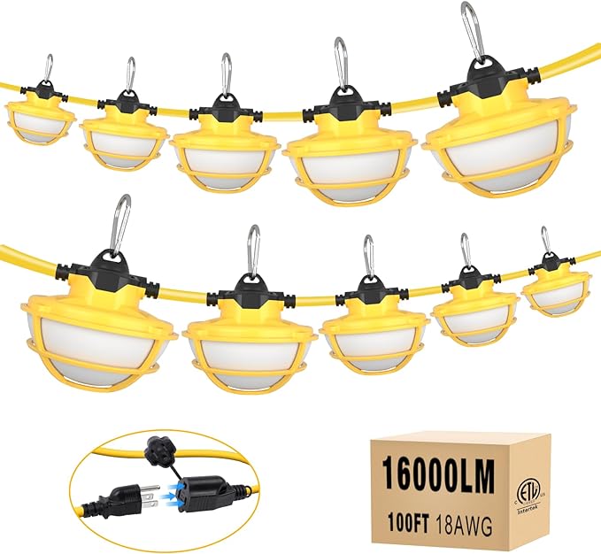 100FT LED Construction String Lights - 3 Prong, 130W 16000LM Plug in Linkable String Work Lights, 5000K Weatherproof Temporary Lighting for Construction Sites, Jobsites, Indoor & Outdoor, UL Listed