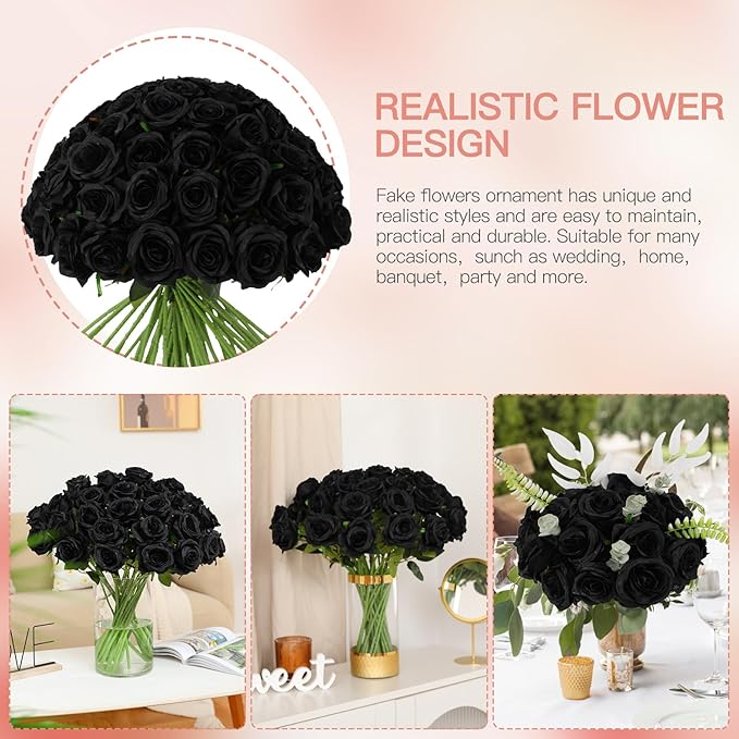 Tifuly 50 Pcs Black Roses Artificial Flowers Bulk,Realistic Long Stem Fake Silk Roses for Wedding Centerpiece Table Vases Party Home Kitchen DIY Bouquets Decor