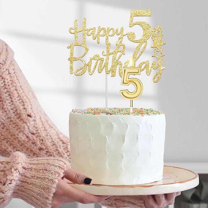 5th Birthday Decorations for Girls, Including Sash and Tiara, 5 Candles and Cake Toppers, Number 5 Balloon Gold, 5th Birthday Gifts for Girls (Gold)