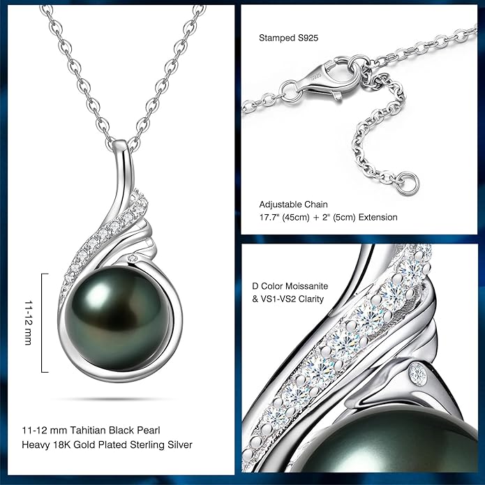Genuine Tahitian Black Pearl Necklaces for Women, 9-12mm AAAA Seawater Pearl - Sterling Silver Moissanite Pendant, Wedding Anniversary, Birthday, Christmas Gift for Wife, Mom, Girlfriend, Fine Jewelry