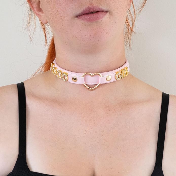 Handmade Gold Heart O-Ring Letter Choker Necklace for Women, Adjustable PU Leather Black/Pink Choker Collar For Women, Goth Choker Collars Necklace
