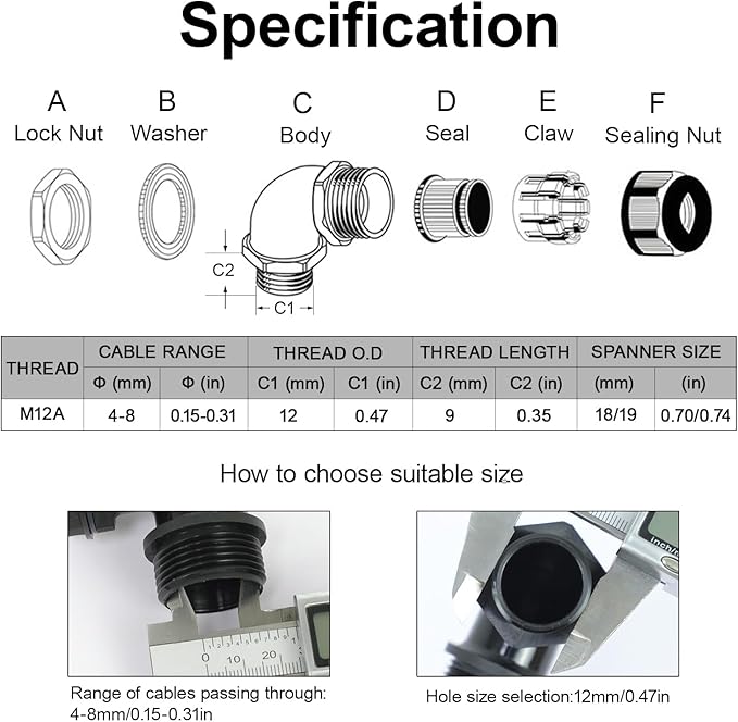 LeMotech M12 Cable Gland, 90 Degree Adjustable 4-8mm Strain Relief, Cord Connectors Nylon Joints with Gaskets, 6 Pcs, Black
