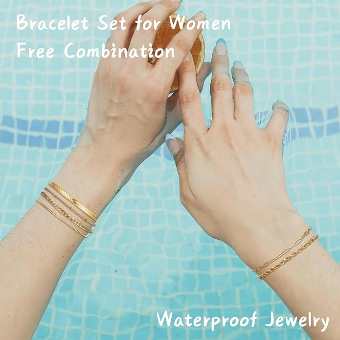 Silver and Gold Bracelets for Women Non Tarnish Waterproof Gold bracelet stack set, Adjustable 6.5"+2" Extender, Layered Bracelets for Women，Exquisite Jewelry Gift