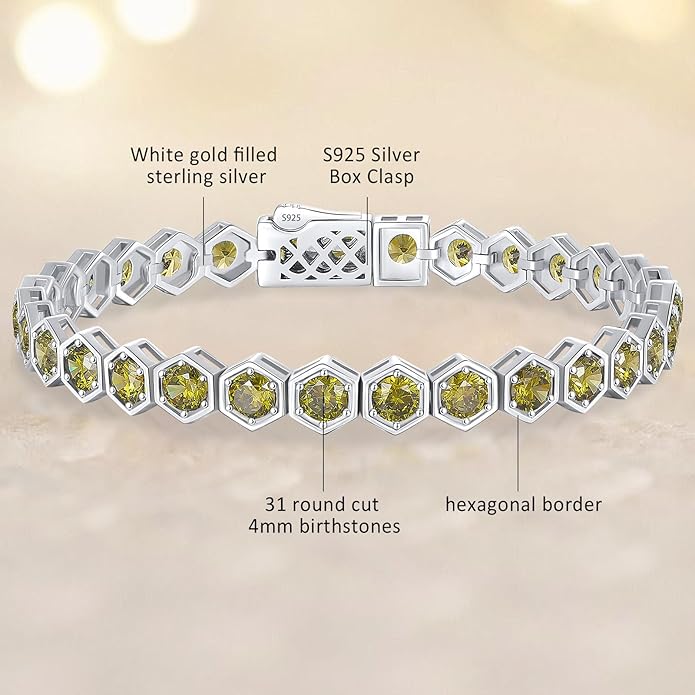 Birthstone Tennis Bracelets for Women Birthday Gifts 925 Sterling Silver Hexagon White Gold Bracelets Round Cut 5A Cubic Zirconia Prong Setting 7 Inch Anniversary Jewelry Gift