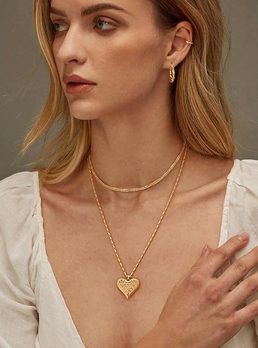 Aobei Pearl 18K Gold Plated Moon Star Lion Evil Eye Love Heart Cross Pendant Necklace Medallion Paperclip Chian Choker Layering Jewery for Women