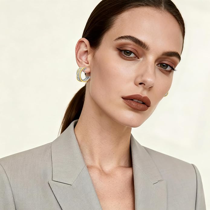 Gold and Silver Mixed Metal Clip-On Earrings Two Tone Clip-On Earrings Chunky Twist Open Hoops Earring Fashion Jewelry