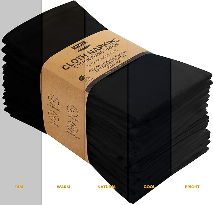 Utopia Kitchen Black Cloth Napkins [12 Pack, 18x18 Inch] Absorbent Cotton Blend Washable and Reusable for Dinner, Restaurant, Lunch, Wedding and Hotel