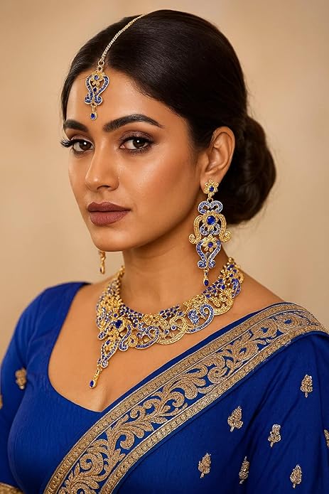 Touchstone Indian jewelry set for women bollywood gold jewellery wedding outfits necklace sets earrings bridal maang tikka fancy costume girls big desi accessories rhinestone in gold or silver tone