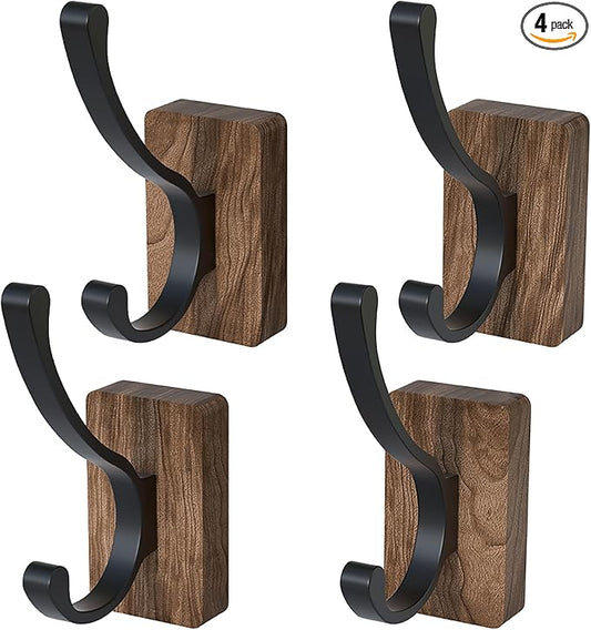 4 PCS Black Walnut Wood Wall Hooks Adhesive Mounted & Wall Mounted Rustic Decorative Entryway Hooks Mid Century Modern Natural Wooden Pegs for Hanging Coat Clothes Hat Bag Purse and Towel
