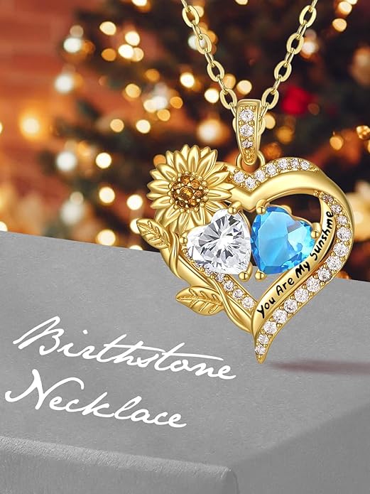 Sunflower Heart Necklace for Women 14K Gold Exquisite Valentines Day Anniversary Birthday Gifts for Wife Mother Her Double Birthstone Pendant Jewelry‘You Are My Sunshine’