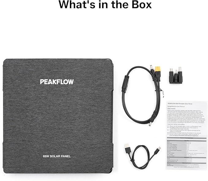 PEAKFLOW 65W Solar Panel,Foldable Portable Solar Panel,25.4% High-Efficiency, 45W PD USB-C Port,QC3.0 USB-A Port,DC5521 Output, Folding IP 68 Waterproof Solar Panels with Carabiners for Camping