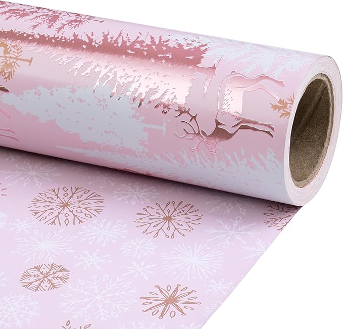 RUSPEPA Reversible Christmas Wrapping Paper Roll, Mini Roll, Rose Gold Foil Pink Reindeer and Tree Design, Pink Snowflake Gift Wrap for Girls, Women, Friends, Xmas Holiday Gifts, 17 Inches x 32.8 Feet