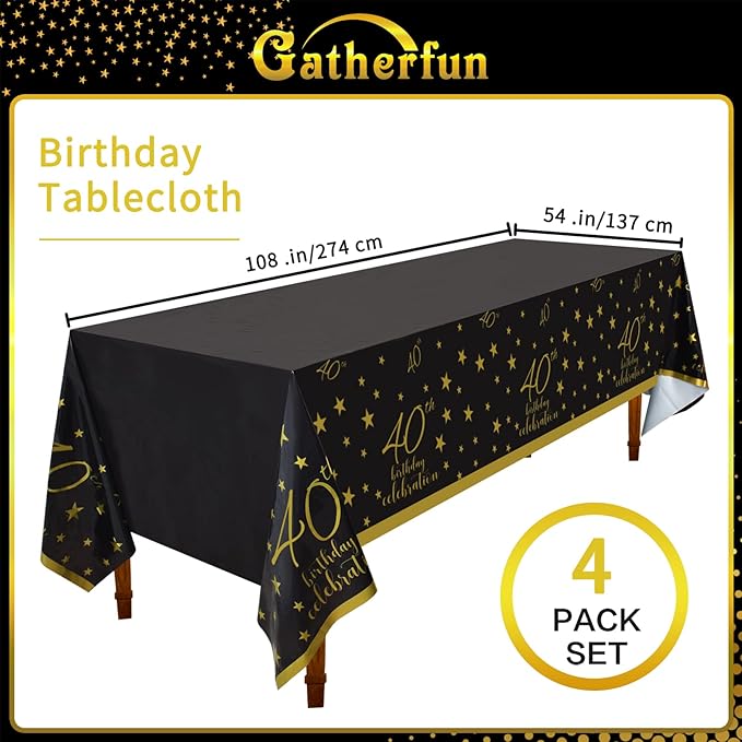 Gatherfun 40th Birthday Disposable Tablecloth 4 Pack Gold and Black Waterproof Plastic Table Cover for Men Woman 40 Birthday Party Decorations