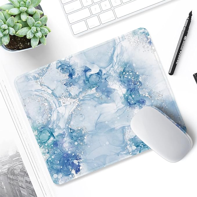 ITNRSIIET Mouse Pad with Stitched Edge Premium Textured Smooth Precise Operation Waterproof Washable Non-Slip Rubber Base Desktop Protection Mat, 10.2×8.3×0.12 inches, Blue Abstract Marble