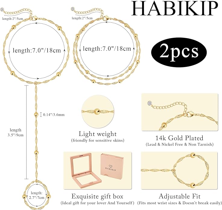 Valentine Gift 14K Gold Plated Hand Chain Bracelet for Women Trendy, 2 Pcs Stackable Gold/Silver Finger Ring Bracelet Hand Chain Dainty Non Tarnish Waterproof Set Jewelry Adjustable 7'+2