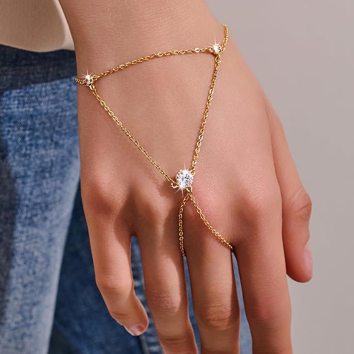 YOIHUR Champagne Gold Plated Hand Chains for Women, Adjustable Hand Chain Bracelet and Ring, Gold Hand Chain Bracelets Stack Jewellery Stars and Cubic Zirconia Hand Jewelry for Valentine's Day