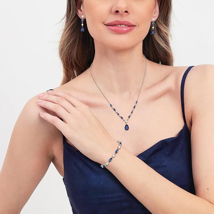 Crysdue Teardrop Bridal Jewelry Set for Wedding Party, Silver/14K/Rose Gold Plated Prom Costume Jewellery for Bride Bridesmaids Women, Cubic Zirconia Necklace Dangle Earrings Bracelet