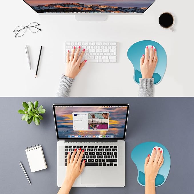 ITNRSIIET Ergonomic Mouse Pad, Cushioned Gel Wrist Rest, Non-Slip Base, Smooth Surface, Compatible with All Mice for Office & Gaming, Desk Accessory, 9.5 x 8.2 inch, Ombre Blue Gradient