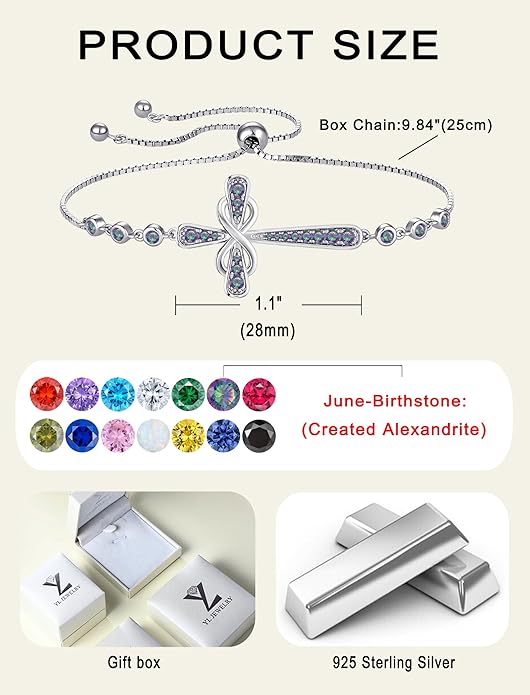 YL Cross Bracelet 925 Sterling Silver Infinity Sideways Link Bracelet Birthstone Jewelry for Women