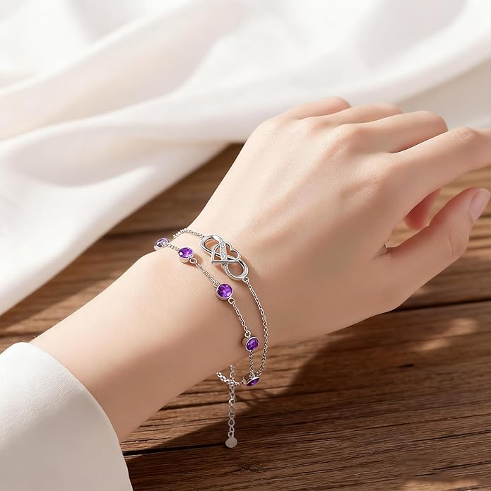 Prismata Infinity Birthstone Charm Link Bracelet 925 Sterling Silver Adjustable 12 Months Birthstone Infinity Bracelet Birthday Jewelry Gifts for Women Mom Her,with 7"+2" chain